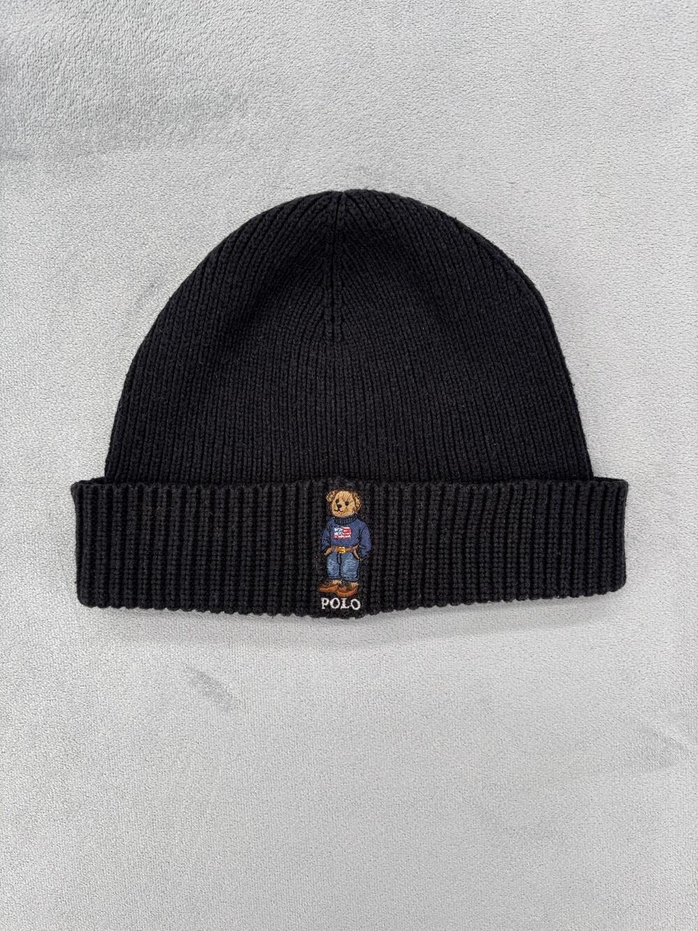 Polo Ralph Lauren Beanie Mens One Size Black Polo Bear Knit Stretch Winter